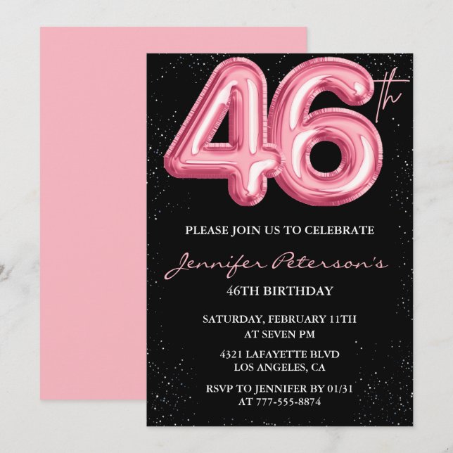 Invitaciones de cumpleaños número 46 de Black Pink (Anverso / Reverso)