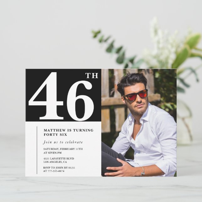 Invitaciones de cumpleaños número 46 en blanco y n (Anverso de pie)