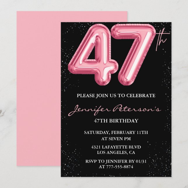 invitaciones de cumpleaños número 47 Black Pink Gl (Anverso / Reverso)
