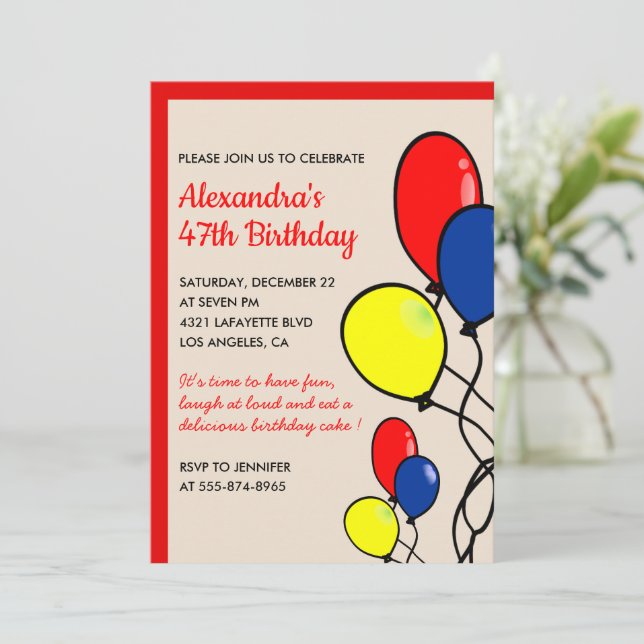 Invitaciones de cumpleaños número 47 con globos se (Anverso de pie)