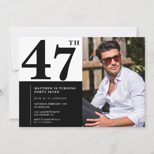 Invitaciones de cumpleaños número 47 en blanco y n (Anverso)