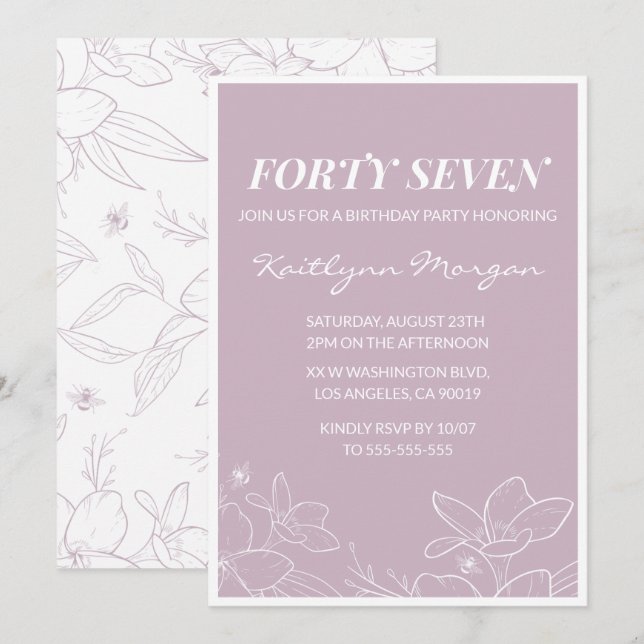 Invitaciones de cumpleaños número 47 florales mode (Anverso / Reverso)