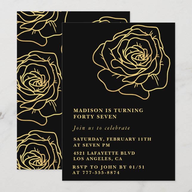 Invitaciones de cumpleaños número 47 negras con fl (Anverso / Reverso)