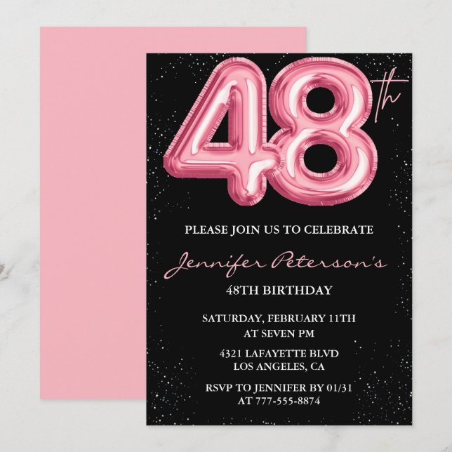 Invitaciones de cumpleaños número 48 de Black Pink (Anverso / Reverso)