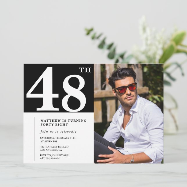 Invitaciones de cumpleaños número 48 en blanco y n (Anverso de pie)