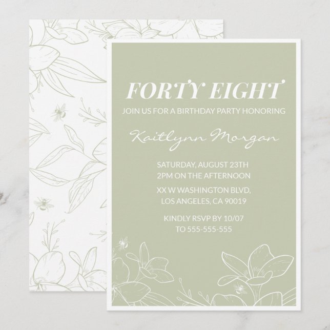 Invitaciones de cumpleaños número 48 florales verd (Anverso / Reverso)