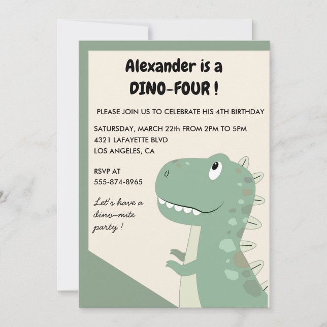 Invitaciones de cumpleaños número 4 de dinosaurio  (Anverso)
