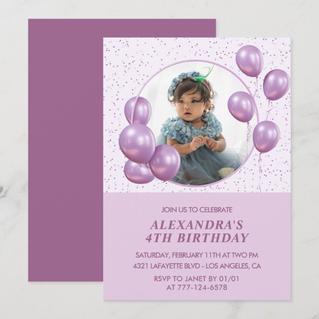invitaciones de cumpleaños número 4 Globos Foto Pu (Anverso / Reverso)