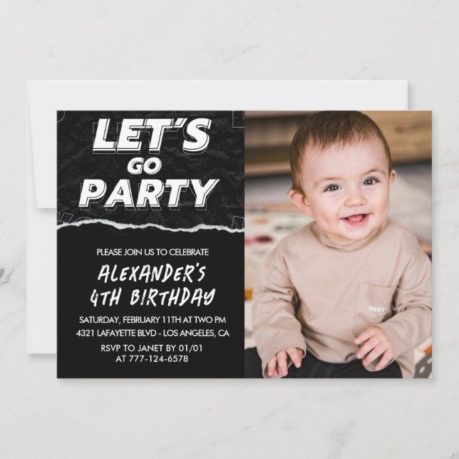 Invitaciones de cumpleaños número 4 negras Niño Fo (Anverso)