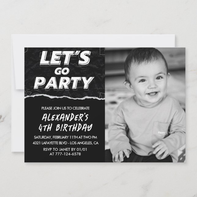 Invitaciones de cumpleaños número 4 negras Niño Fo (Anverso)