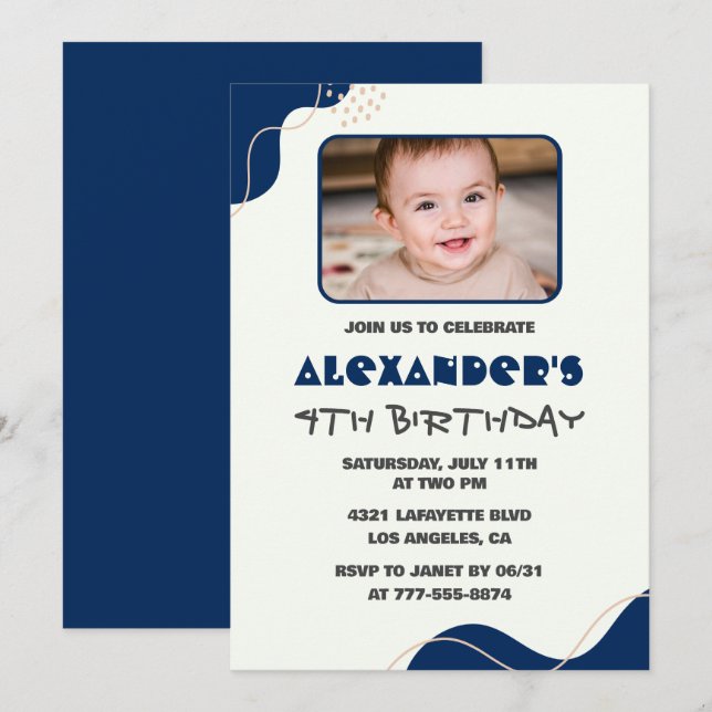 invitaciones de cumpleaños número 4 Niño Azul Mari (Anverso / Reverso)