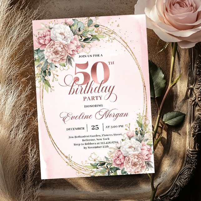 Invitaciones de cumpleaños número 50 Chic Botanica (Chic Botanical Blush 50th Birthday Party Invitation)