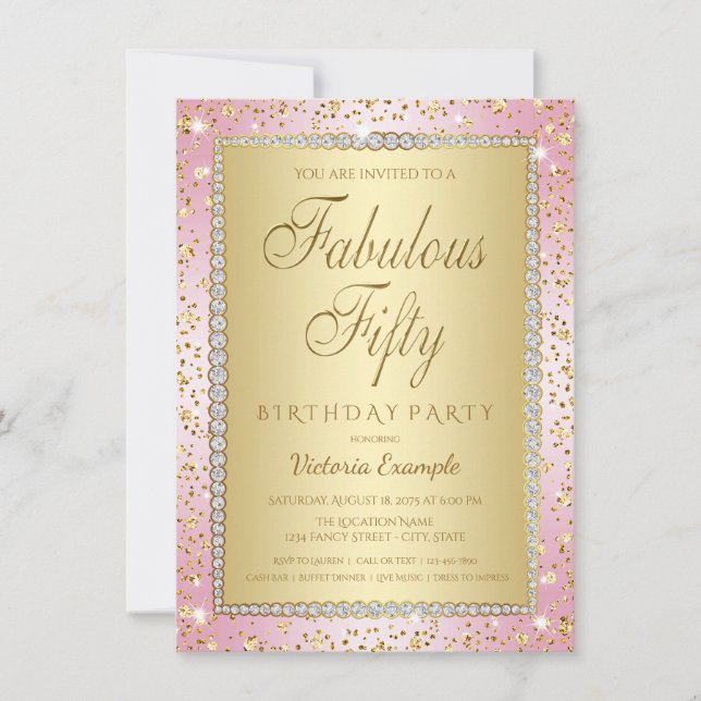 Invitaciones de cumpleaños número 50 de color rosa (Anverso)