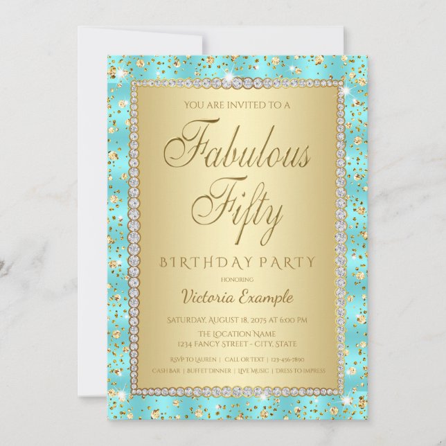 Invitaciones de cumpleaños número 50 en azul turqu (Anverso)