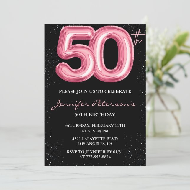 Invitaciones de cumpleaños número 50 rosa Glam bal (Anverso de pie)