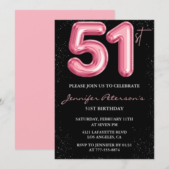 invitaciones de cumpleaños número 51 Black Pink Gl (Anverso / Reverso)