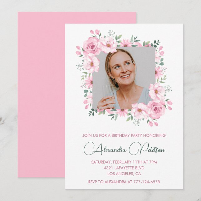 Invitaciones de cumpleaños número 51 con foto flor (Anverso / Reverso)