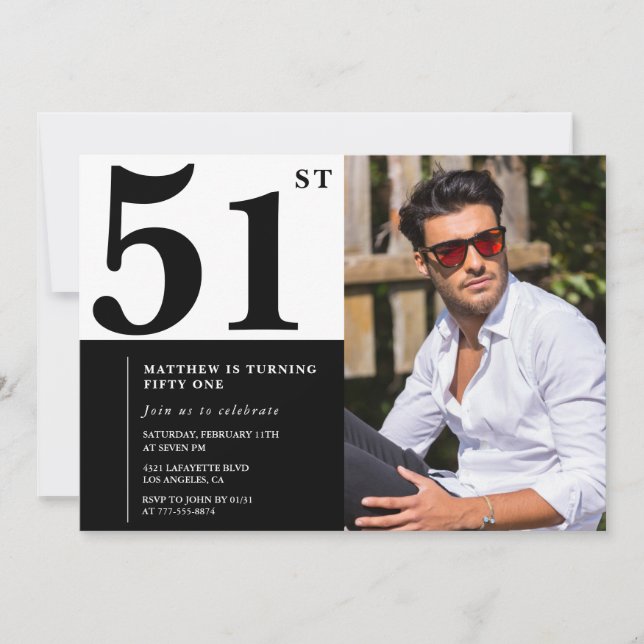 Invitaciones de cumpleaños número 51 en blanco y n (Anverso)