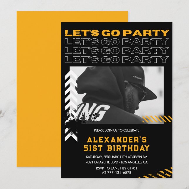 Invitaciones de cumpleaños número 51 negras para h (Anverso / Reverso)