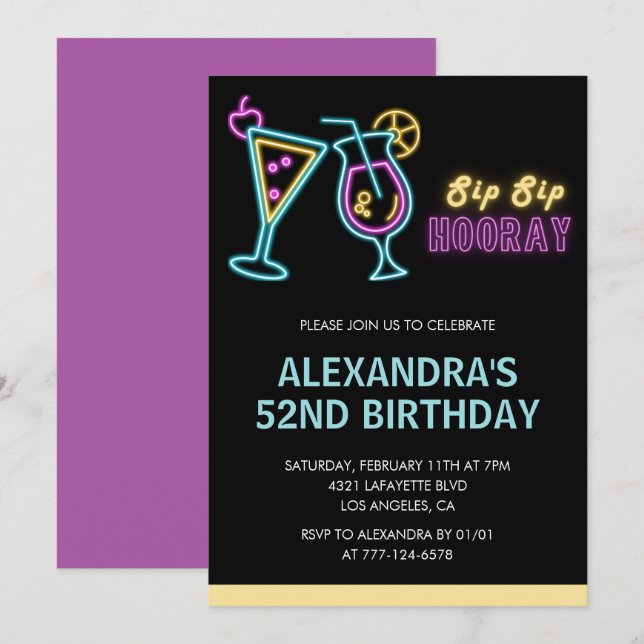 Invitaciones de cumpleaños número 52 negras Cóctel (Anverso / Reverso)