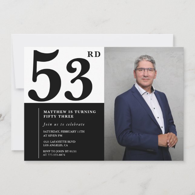 Invitaciones de cumpleaños número 53 en blanco y n (Anverso)