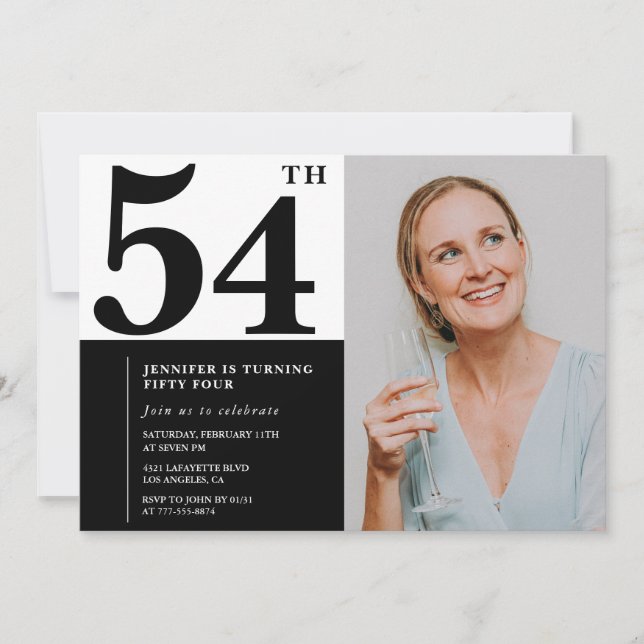 Invitaciones de cumpleaños número 54 de foto blanc (Anverso)