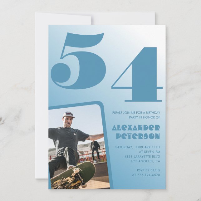 Invitaciones de cumpleaños número 54 gradiente azu (Anverso)