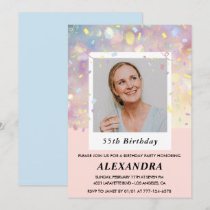 Invitaciones de cumpleaños número 55 rosadas Confe