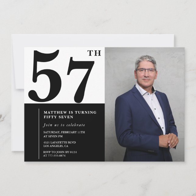 Invitaciones de cumpleaños número 57 en blanco y n (Anverso)