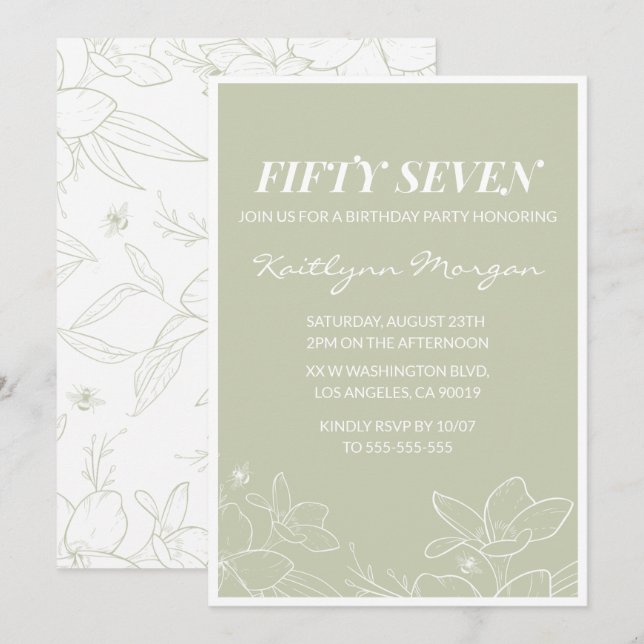 Invitaciones de cumpleaños número 57 florales verd (Anverso / Reverso)