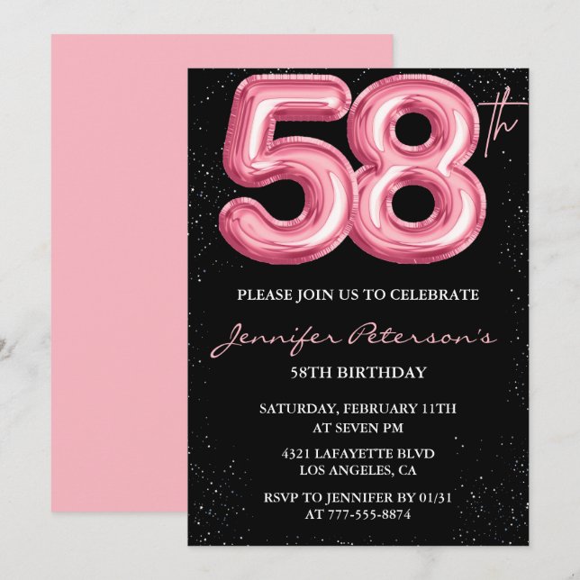 Invitaciones de cumpleaños número 58 de Black Pink (Anverso / Reverso)