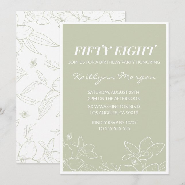 Invitaciones de cumpleaños número 58 florales verd (Anverso / Reverso)
