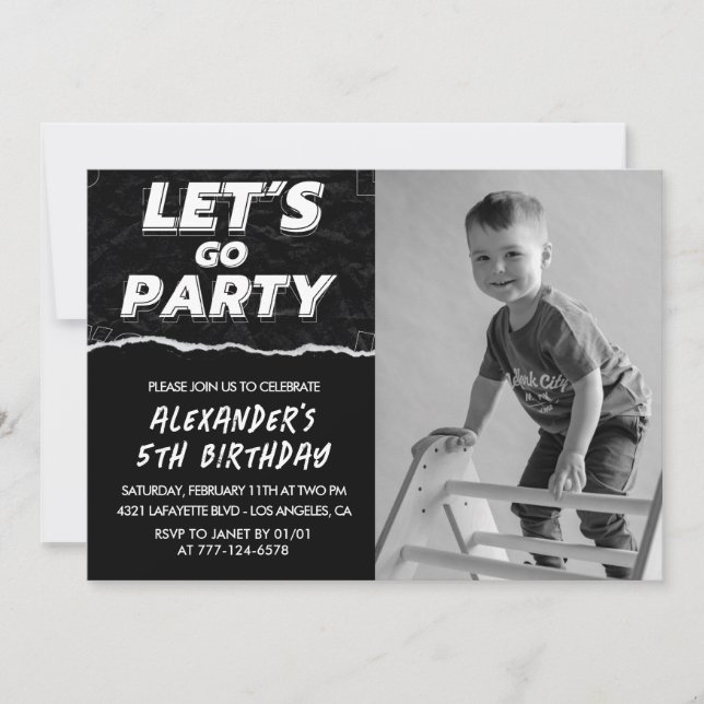 Invitaciones de cumpleaños número 5 negras Niño Fo (Anverso)