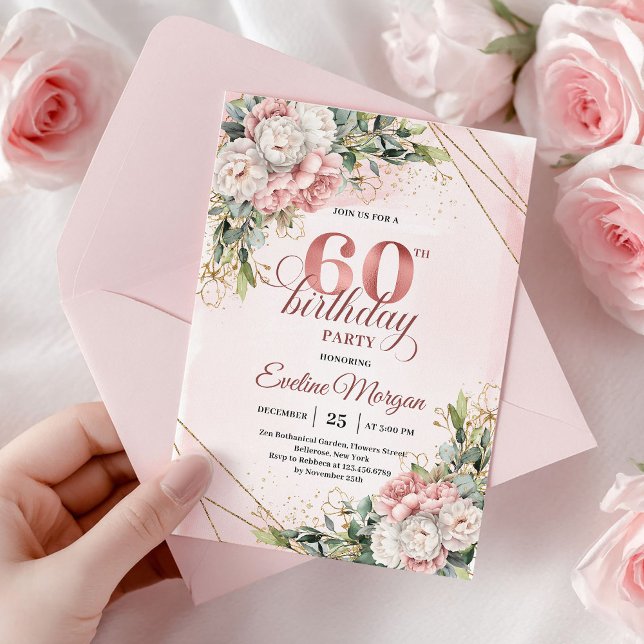 Invitaciones de cumpleaños número 60 de Rose Gold  (Rose Gold Botanical Greenery 60th Birthday Invitation)
