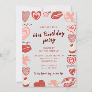 Invitaciones de cumpleaños número 61 con corazones
