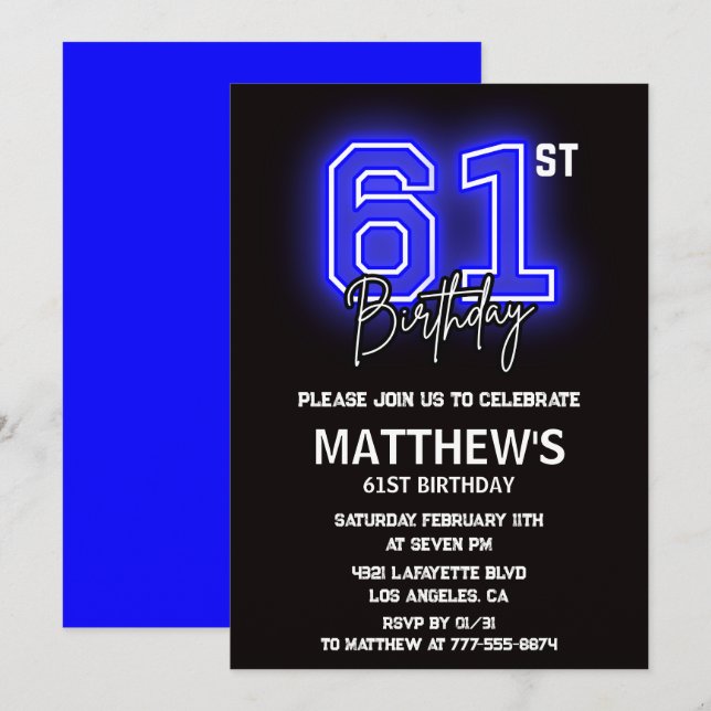 Invitaciones de cumpleaños número 61 Neon Black Ho (Anverso / Reverso)