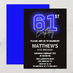Invitaciones de cumpleaños número 61 Neon Black Ho