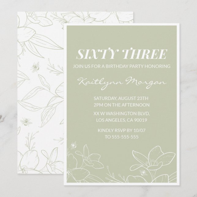 Invitaciones de cumpleaños número 63 florales verd (Anverso / Reverso)