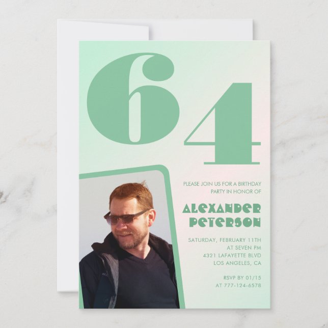 Invitaciones de cumpleaños número 64 con gradiente (Anverso)
