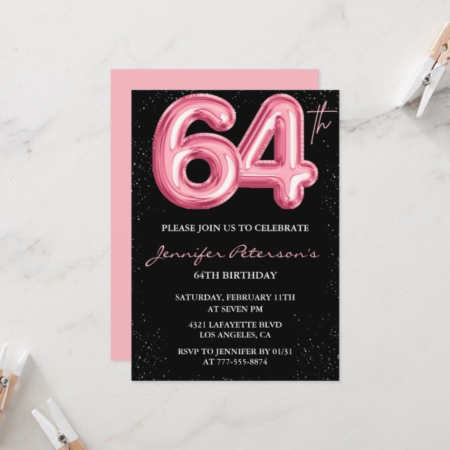 Invitaciones de cumpleaños número 64 de Black Pink (Anverso/Reverso In Situ)