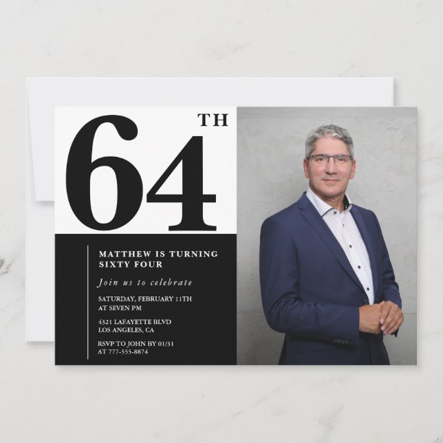 Invitaciones de cumpleaños número 64 en blanco y n (Anverso)