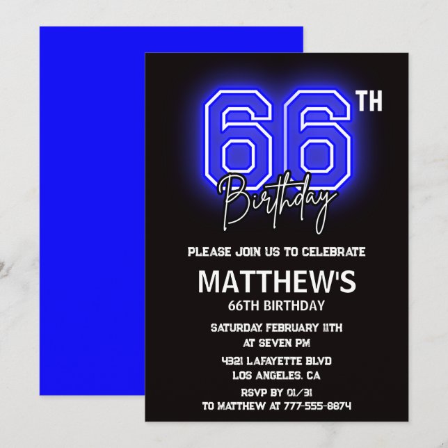Invitaciones de cumpleaños número 66 Neon Black Ho (Anverso / Reverso)