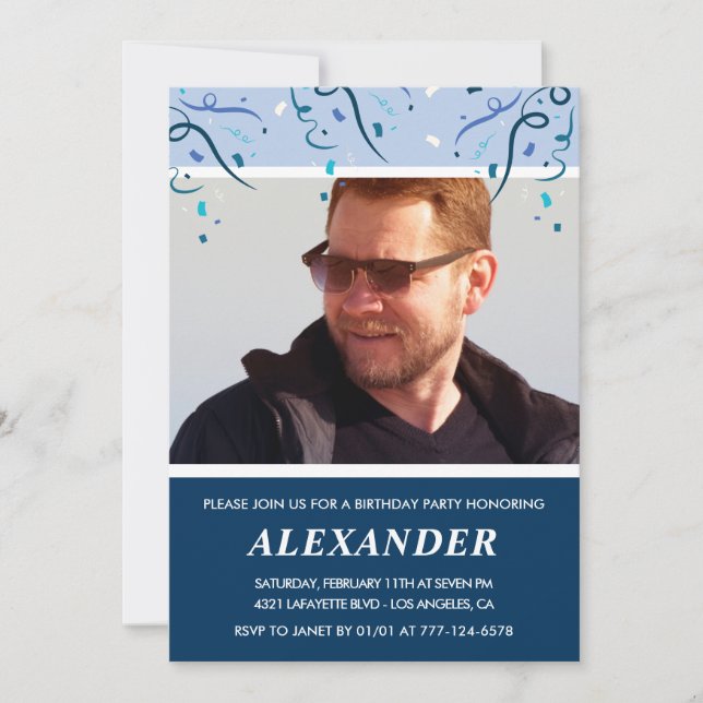 Invitaciones de cumpleaños número 67 azules para h (Anverso)