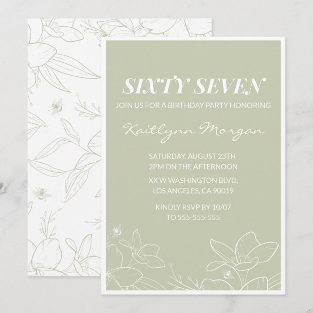 Invitaciones de cumpleaños número 67 florales verd (Anverso / Reverso)