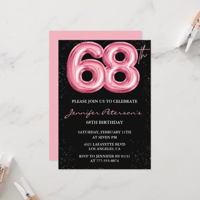 Invitaciones de cumpleaños número 68 de Black Pink (Anverso/Reverso In Situ)