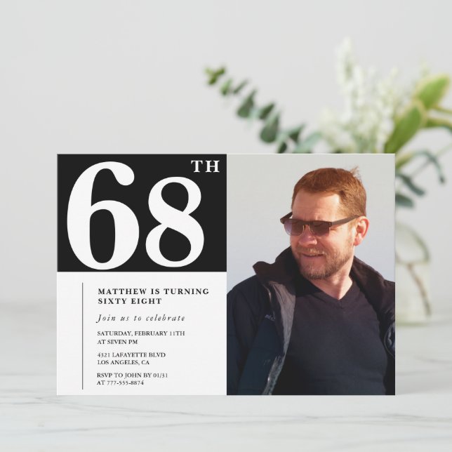 Invitaciones de cumpleaños número 68 en blanco y n (Anverso de pie)