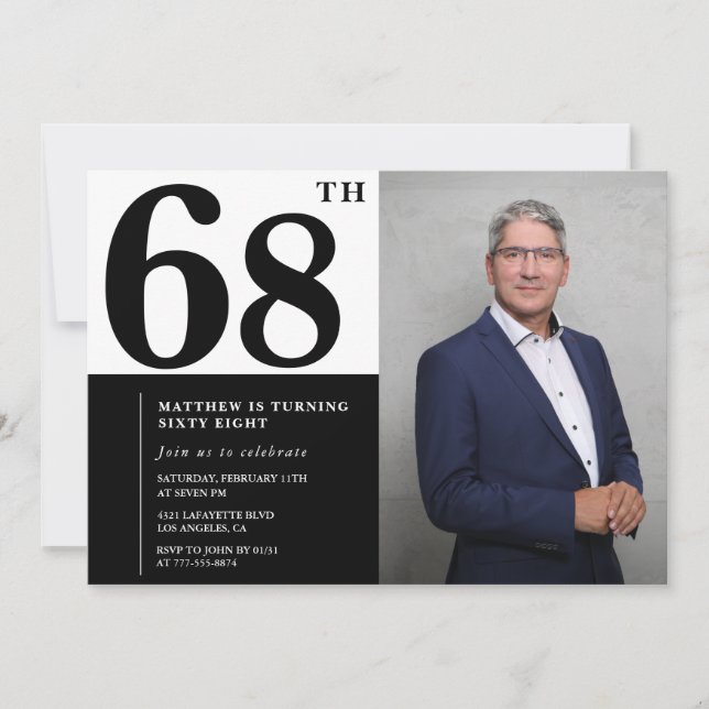 Invitaciones de cumpleaños número 68 en blanco y n (Anverso)