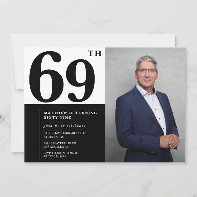 Invitaciones de cumpleaños número 69 en blanco y n (Anverso)