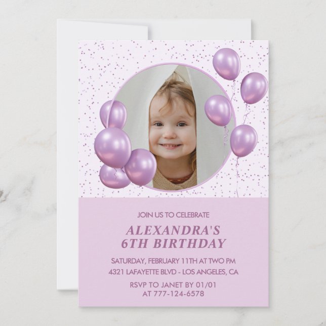 invitaciones de cumpleaños número 6 Globos Foto Pu (Anverso)