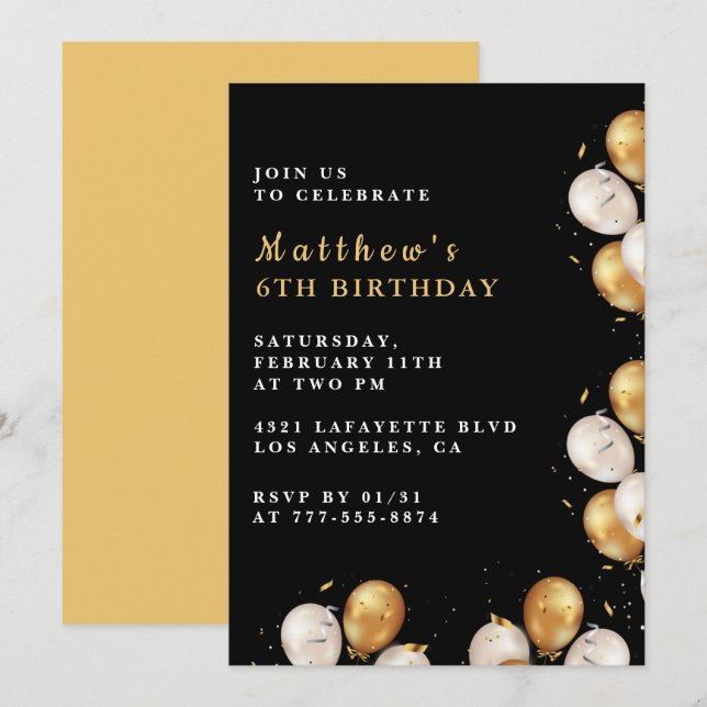 Invitaciones de cumpleaños número 6 negras Globos  (Anverso / Reverso)
